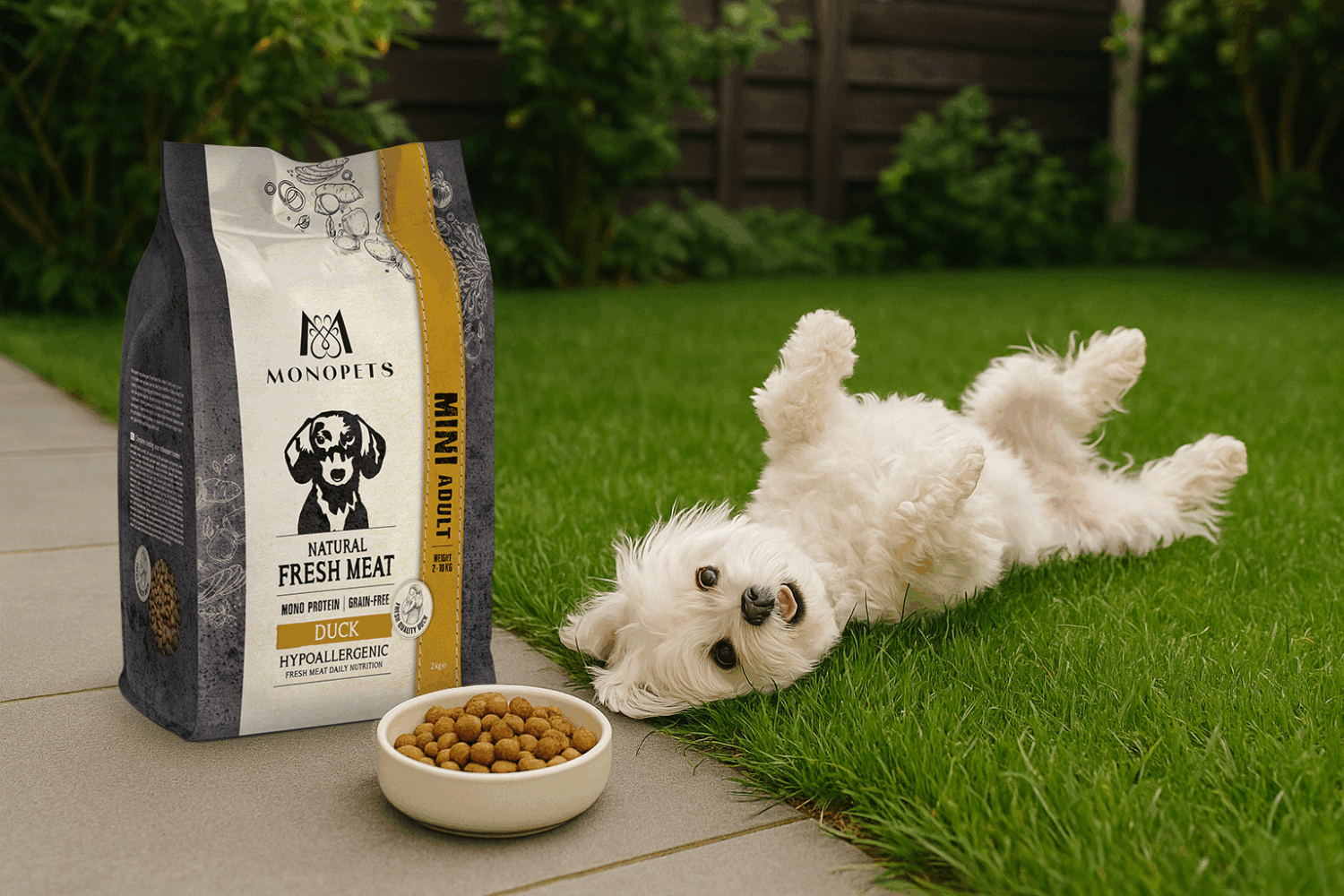 Blije witte hond rolt op het gras naast een zak Monopets eendenbrokken en een bakje hondenvoer.