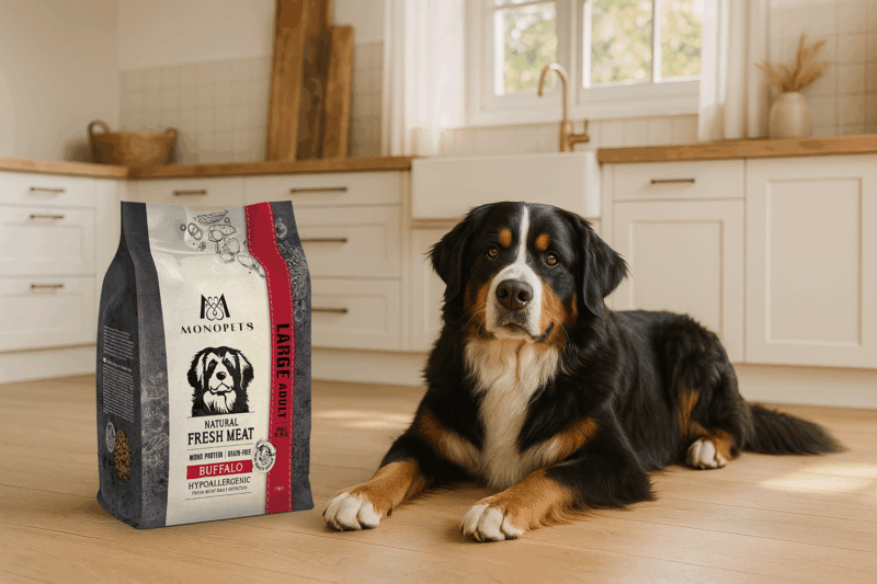 Grote hond ligt op de vloer naast een zak Monopets hondenvoer met buffel als dierlijke eiwitbron voor volwassen honden.