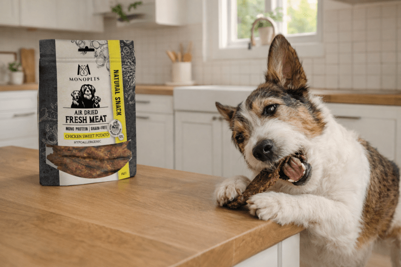 Hond eet een natuurlijke snack aan het keukenblad, met een zak Monopets snacks in een moderne, lichte keuken op de achtergrond.