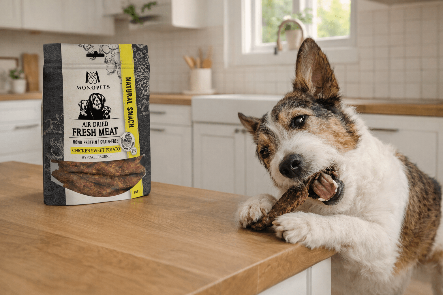 Hond eet een natuurlijke snack aan het keukenblad, met een zak Monopets snacks in een moderne, lichte keuken op de achtergrond.