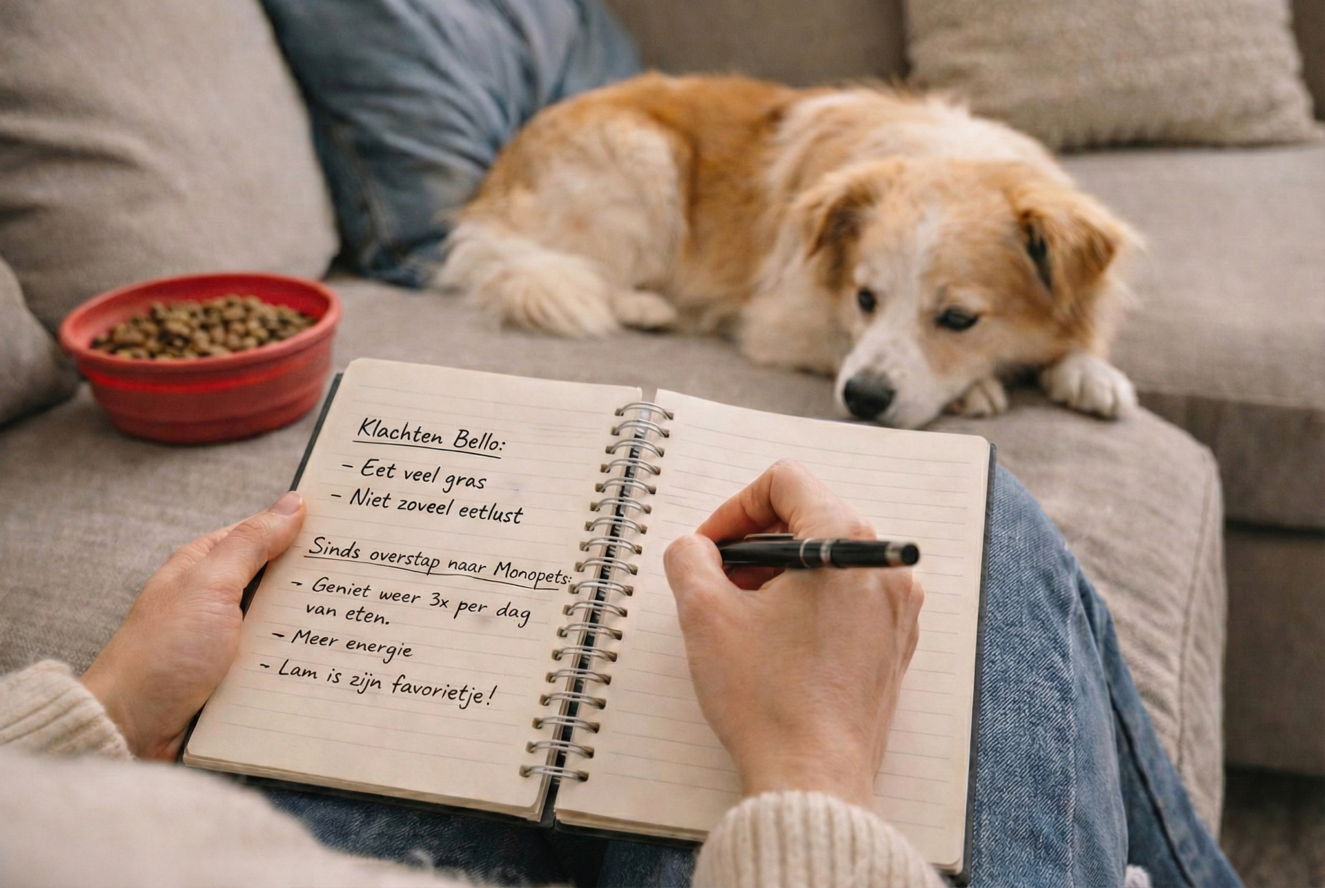 Baasje noteert in een boekje de positieve effecten van Monopets-voer op hond Bello, die ontspannen op de achtergrond op de bank ligt