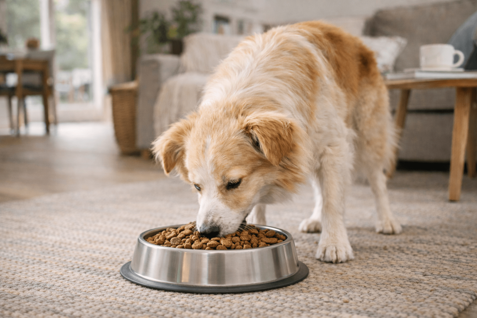 Hond eet rustig hondenvoer uit een voerbak in een warme, huiselijke woonkamer met bank en houten meubels.