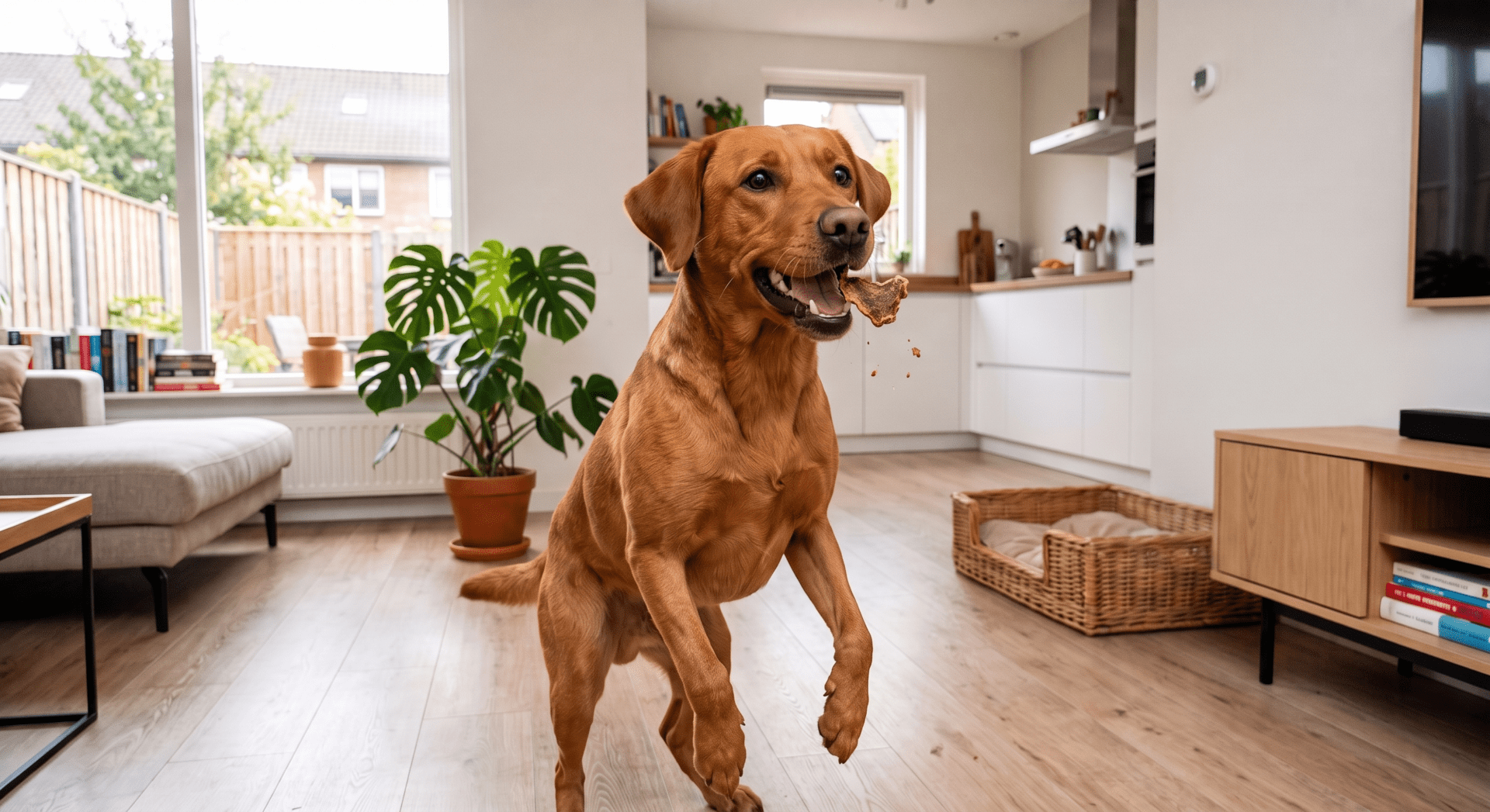 Een vrolijke bruine hond springt in een moderne woonkamer om een hondensnack uit de lucht te vangen, passend bij zijn eiwitdieet.