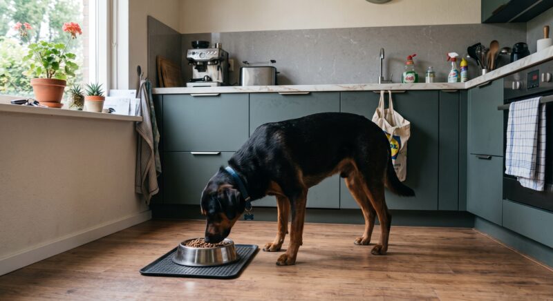 Grote, donkere hond met een blauwe halsband eet brokjes uit een bak in een moderne groene keuken.