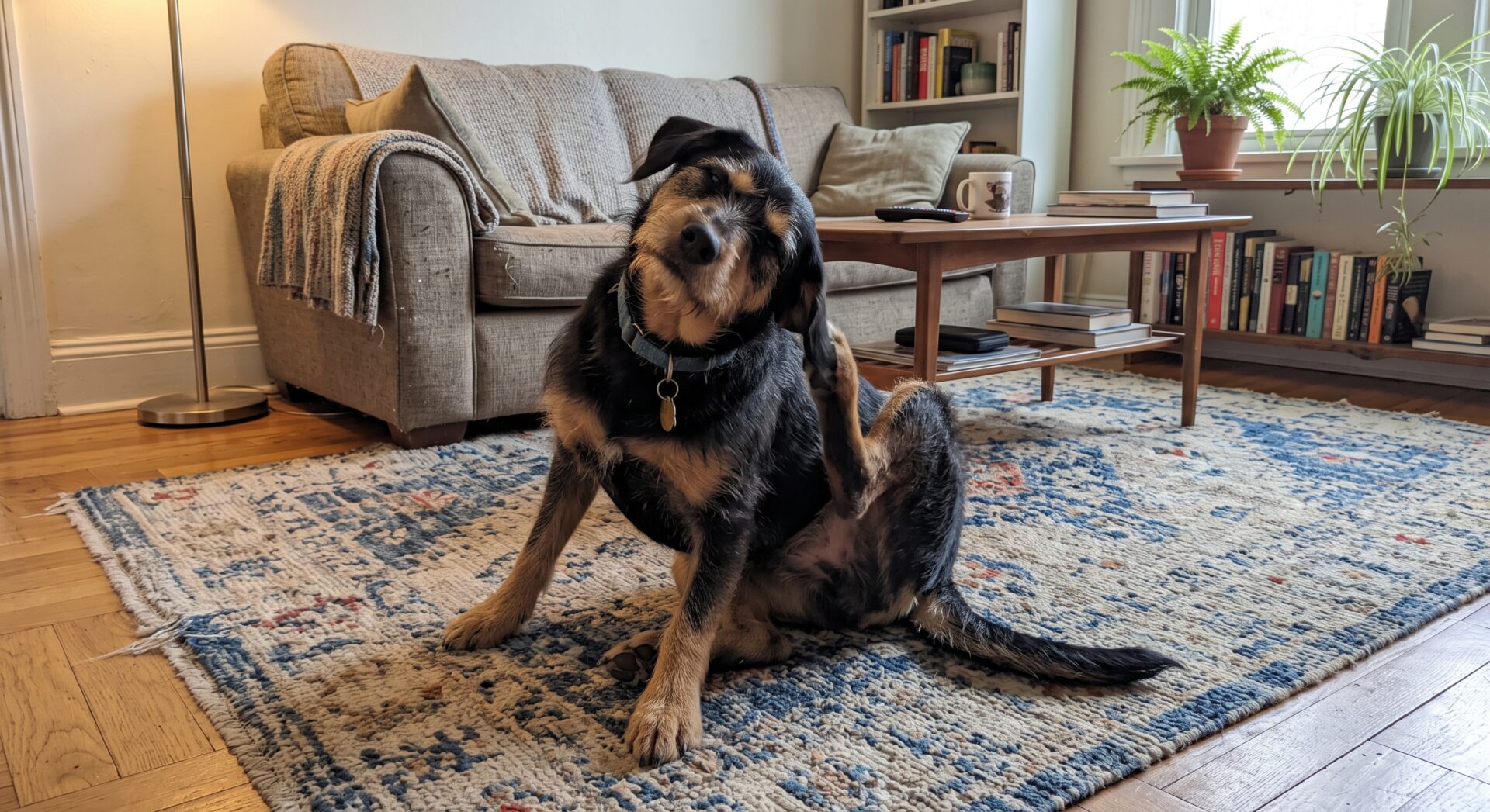 Een hond zit op een kleed in de woonkamer en krabt met zijn achterpoot aan zijn oor, wat een teken kan zijn van een onrustige vacht.