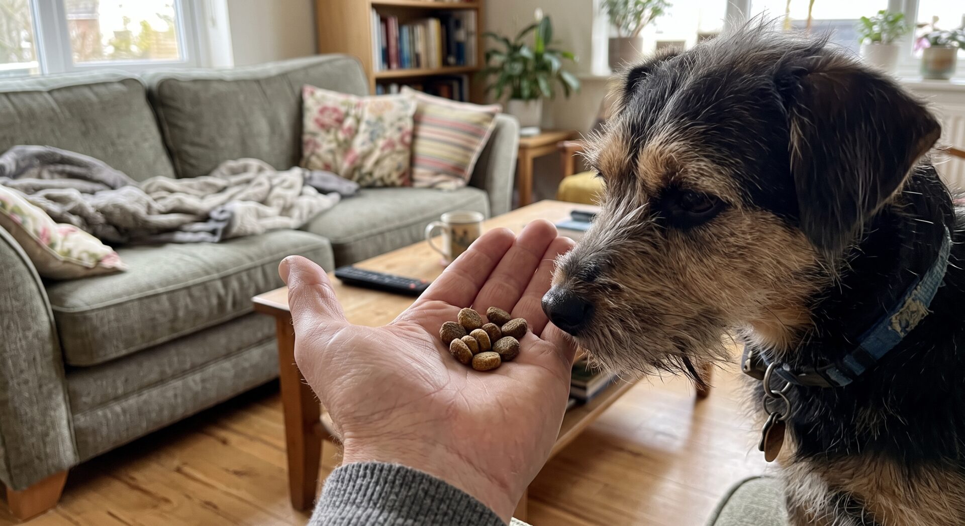 Een open hand vol hondenbrokjes wordt voorgehouden aan een hond die er rustig aan snuffelt in een woonkamer.